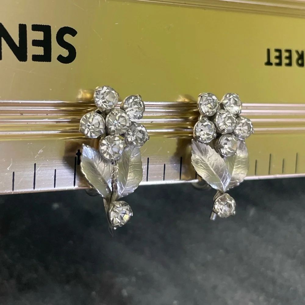 Vintage Silver Flower Crystal Clip-On Earrings